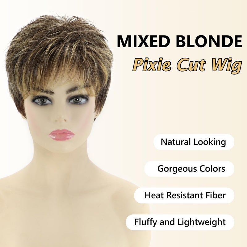 SEVENCOLORS باروكة قصيرة بلون بني داكن مختلط مع أشقر لنساء SEVENCOLORS مع طبقات وهايلايت مع غرة باروكة استبدال شعر طبيعية - Image 2
